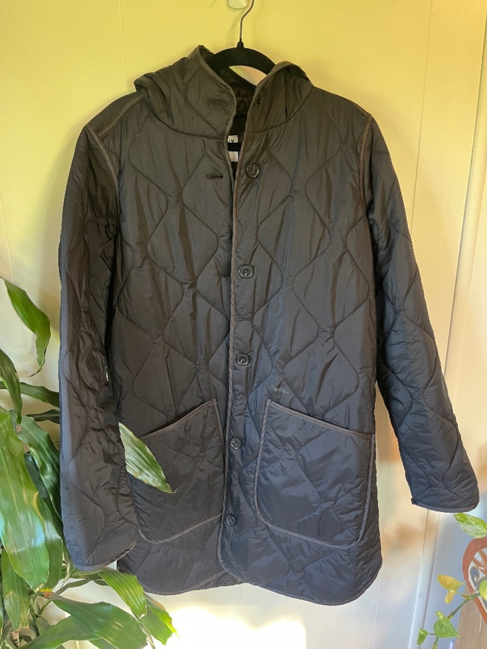Old Navy Women’s Quilted Hooded Long Jacket Black Button Front, M Tall
